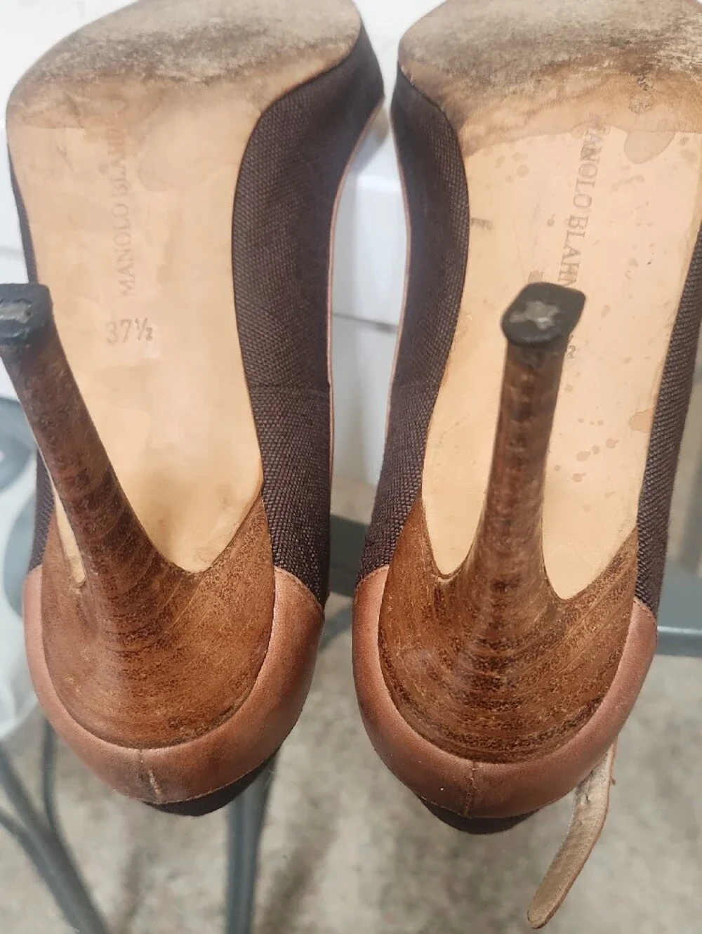 Manolo Blahnik Dark Brown Woven Mesh Trimmed With Leather. 31/2